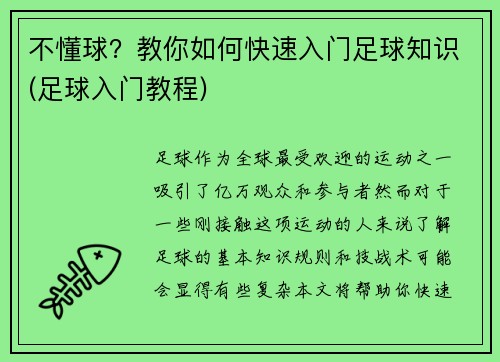 不懂球？教你如何快速入门足球知识(足球入门教程)