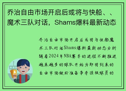 乔治自由市场开启后或将与快船、、魔术三队对话，Shams爆料最新动态