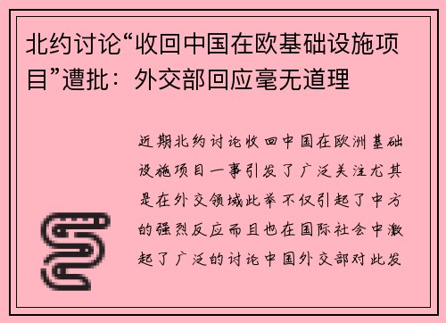 北约讨论“收回中国在欧基础设施项目”遭批：外交部回应毫无道理